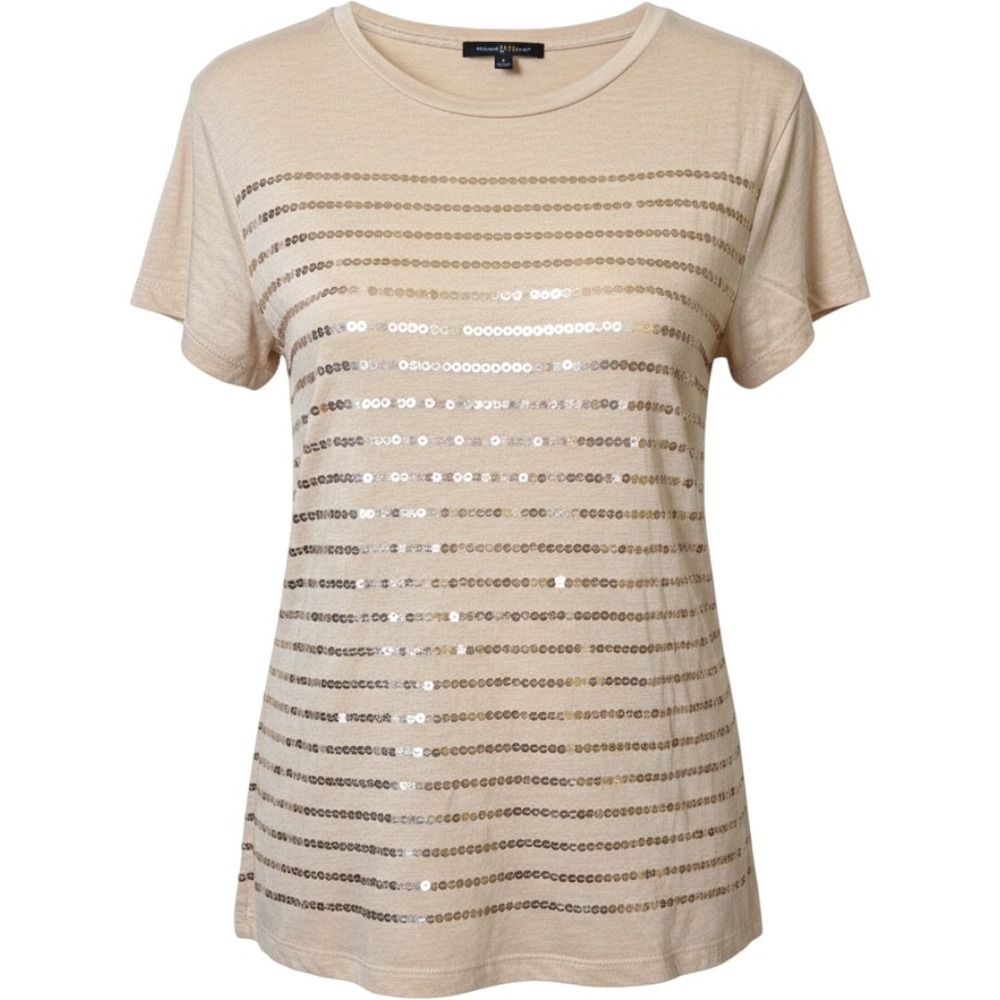 D2 by Diane Gilman Tan Sequin Striped Short Sleeve Top Womens Large Rose Gold